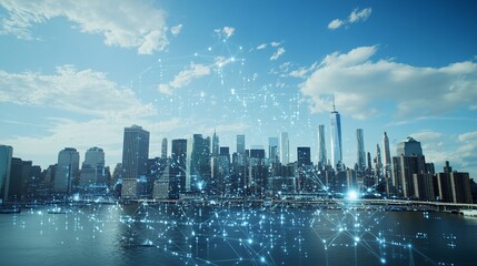 Digital network overlaying a cityscape skyline.