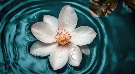Delicate white flower, centered on rippling teal water.  Petals, water droplets, and a vibrant center