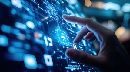 Hand touching digital screen, interactive data flow and technology interface