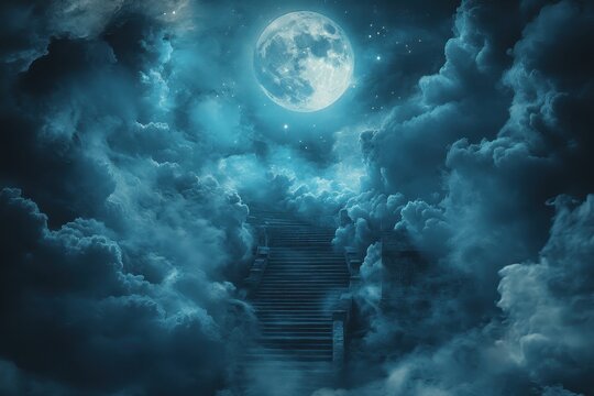Mystical stairway to the heavens in a cloudy night sky.