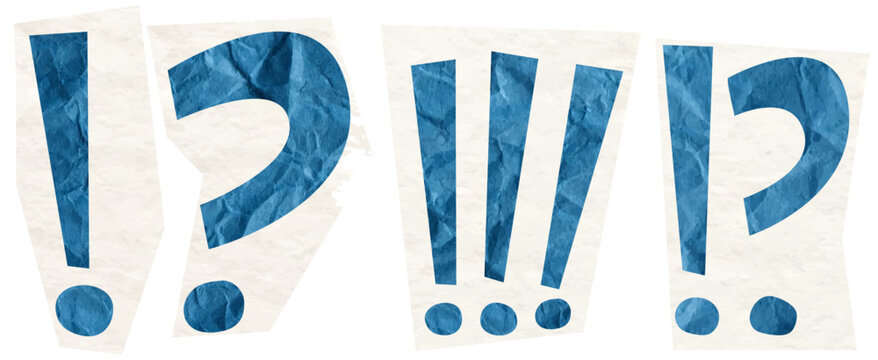 exclamation mark and question mark set. Exclamation mark paper texture. question mark. Crumpled paper symbols.Old torn note sheets, retro design