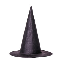 Fototapeta premium Tall, pointed black witch hat with wide brim, perfect for Halloween costumes or magical themes. hat dark color and classic shape evoke sense of mystery and enchantment