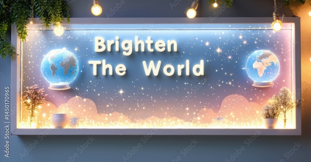 Aufkleber bright rectangular display shows glowing globes, text reads brighten the world. soft lights illumina