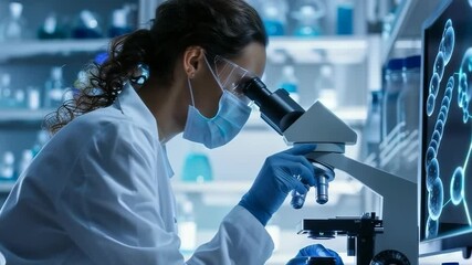 A scientist in a lab coat, mask, and protective eyewear is intensely focused on a microscope. The lab setting includes scientific instruments and a monitor displaying cellular structures. - Powered by Adobe