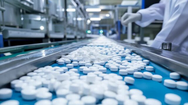 Close-up of white pills on a blue conveyor belt in a manufacturing facility. An individual in a lab coat and gloves oversees the process, ensuring quality and precision in production.