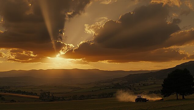 Golden sunset over a valley, with a tractor working in the field. Sunlight beams through the clouds