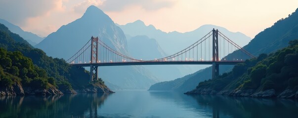 Fototapeta premium Modern suspension bridge crossing wide river, towering mountain range, blue, winter