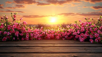 Fototapeta premium Wooden stage, pink flowers, sunset, bright and serene