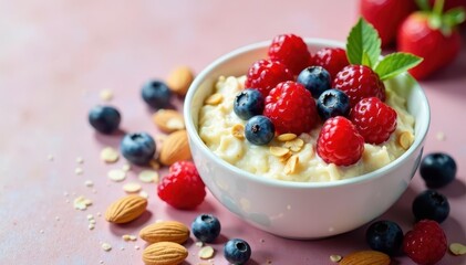 Creamy oatmeal, vibrant berries, crunchy almonds , top view, comfort food, plant-based