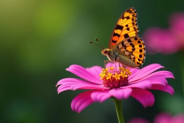 Fototapeta premium Brown and black spotted butterfly on vibrant pink flower , vibrant, colorful, flower