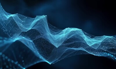 Blue polygonal flowing digital mesh wave animation video. Network lines and data points nodes animated footage clip seamless HD motion graphics. Neural processing simulation concept - Powered by Adobe