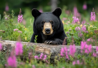 Naklejka premium Black bear sitting among vibrant wildflowers in a lush green forest, showcasing the beauty and serenity of nature in a tranquil landscape scene