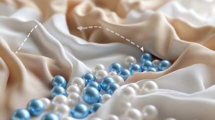 3D rendering of blue and white pearls being laid on top of a brown fabric, with arrows pointing from the bottom to the upper right, representing movement towards the left side. The.