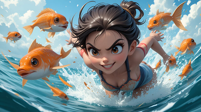 Speedy Sheila might be "racing" fish, with a determined look on her face.