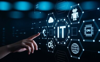 Hand touching IT information technology concept on a digital screen.