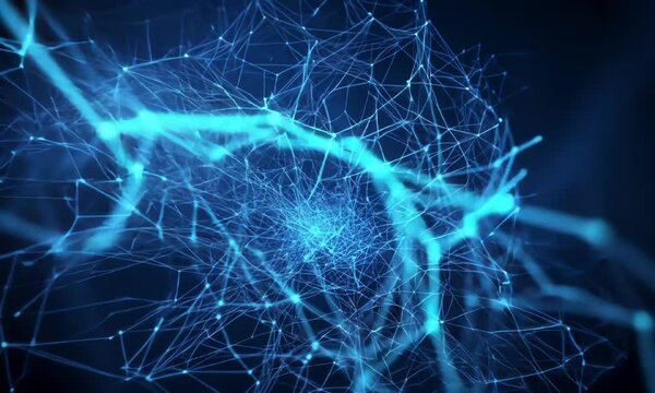 Neural network simulation animation video. Interconnected blue nodes and digital threads animated footage clip seamless HD motion graphics. Artificial neurons connection concept