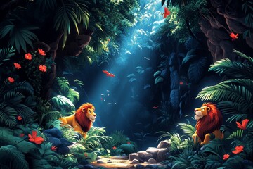 Lions meet in jungle clearing, sunlight streams, lush foliage