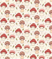 A seamless kawaii-style pattern featuring adorable, chubby mushrooms with cute faces