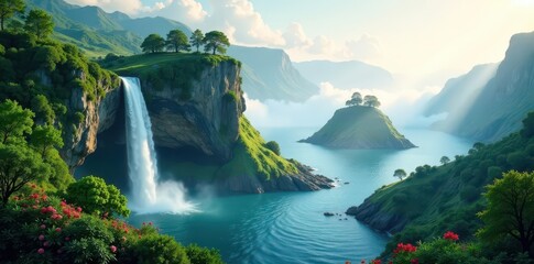 Lush vegetation, waterfalls cascade down, islands float on mist , peaceful, landscape