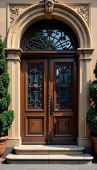 Obraz premium Ornate iron door, brown wood, arched windows, staircase, canopy, barred windows, old