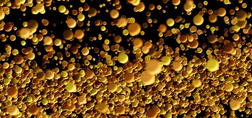 Abstract background of golden spheres floating in dark space. Ideal for luxury, celebration, or technology themes.