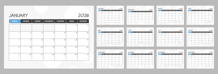 2026 monthly blank blue calendar planner schedule with week starts on Sunday