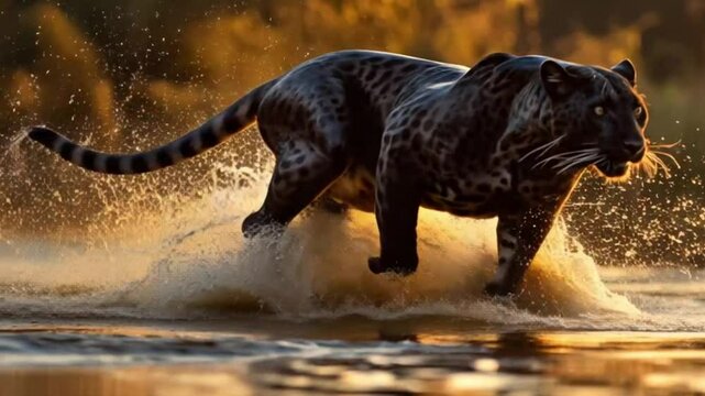 Black Leopard Running Through Water at Sunset
