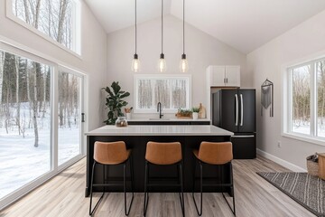 Modern kitchen with large windows overlooking snowy landscape.  Features a light, airy feel with a large island,  tan leather barstools, and black cabinetry.  Natural light floods the space