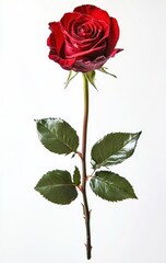 Fototapeta premium Close-Up of a Beautiful Single Red Rose on a White Background Perfect for Romantic Themes, Floral Decorations, or Art Projects