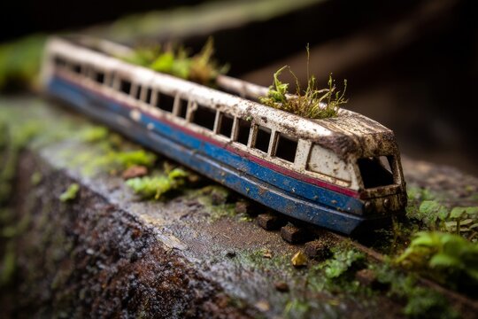 A weathered and decaying miniature train carriage rests peacefully on a mossy railroad track. - Powered by Adobe