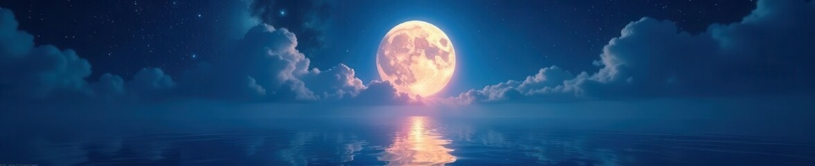 Mystical full moon casts ethereal light across a vast, starlit sea , lunar, planet