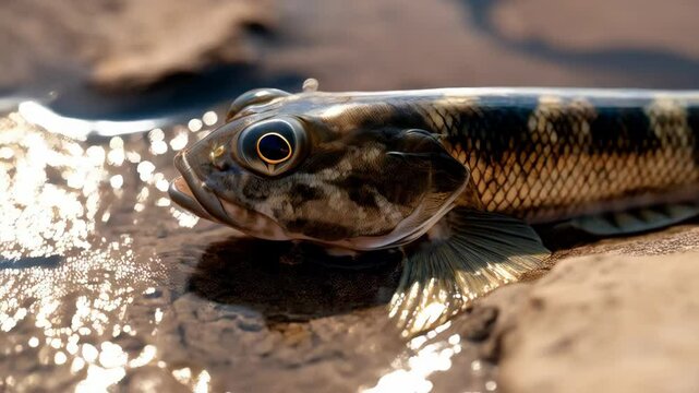 Close-up shot of a mudskipper amphibian fish in its habitat, shallow water and muddy ground with interesting bokeh