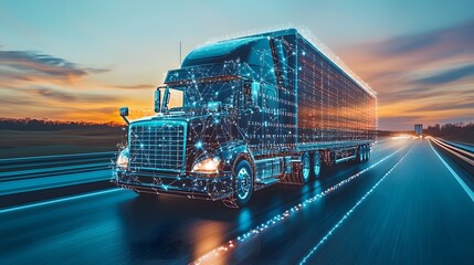Futuristic logistics concept with trucks and technology integration showing transportation innovation and networked delivery
