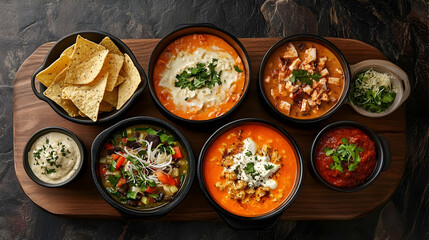 Elevated perspective showcasing diverse dips and appetizers on wooden platter