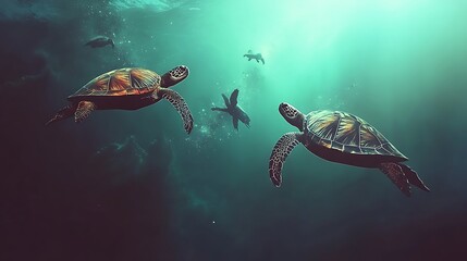 Obraz premium Two sea turtles underwater
