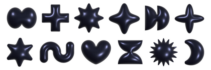 Obraz premium Exploring a collection of black geometric 3D figures with a plastic texture and reflective fiber in a contemporary art setting perfect for y2k aesthetics.
