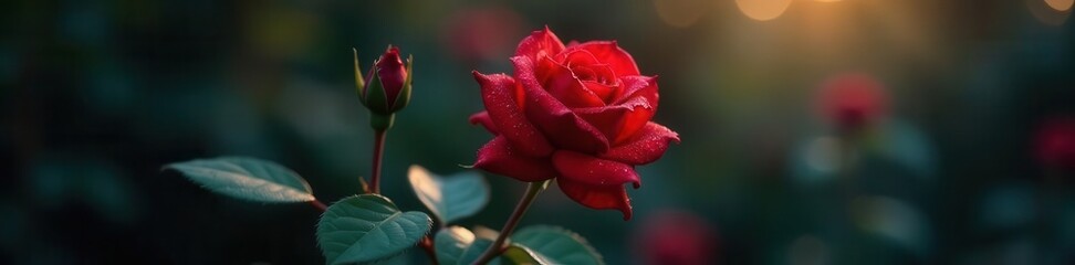 Single red rose, dramatic lighting, dew drops , luxury, stem