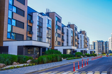 Facade of Modern complex of Apartment residential condo building. New Residential condominium...