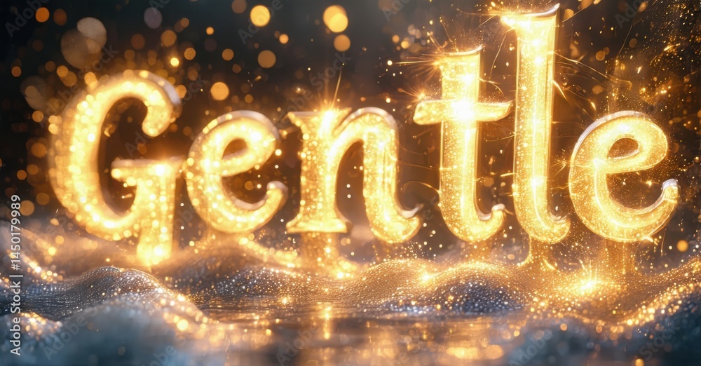 Aufkleber golden text spells gentle. sparkles surround lettering, creating luminous, celebratory effect. backg