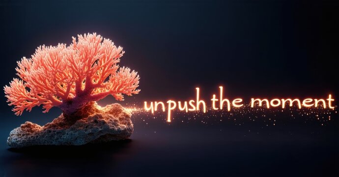 Coral rests upon rock. Glowing text reads unpush the moment. Dark background enhances vibrant colors, creating serene scene.