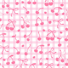 Seamless pattern with cherries and coquette bows on gingham plaid background. Pattern in style of picnic. Pattern in whimsical aesthetic. Vector illustration for wrapping paper, packaging, fabric etc.