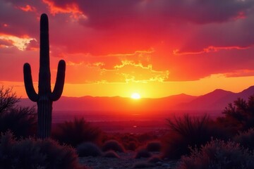 Sun-drenched saguaro cacti silhouette against fiery sunset sky, nature, saguaro