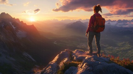Fototapeta premium Woman hiker stands on mountain peak at sunset.