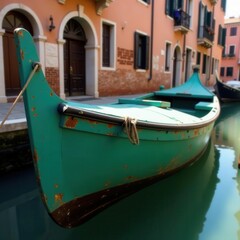 Timeworn vessel moored in Venice's tranquil canal Sun-dappled hull, chipped paint , old, canal