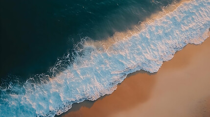 Aerial view showcasing coastal shoreline, waves, and beach sand in summer
