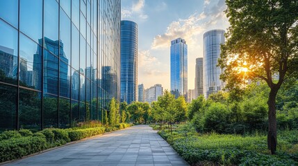 Fototapeta premium Modern cityscape with lush greenery and glass buildings.