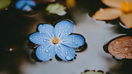 Delicate blue flower with water droplets, resting gently on still water surface.  Surrounded by muted colors, creating a serene ambiance