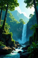 Vast rainforest panorama, cascading waterfall , panoramic, peaceful