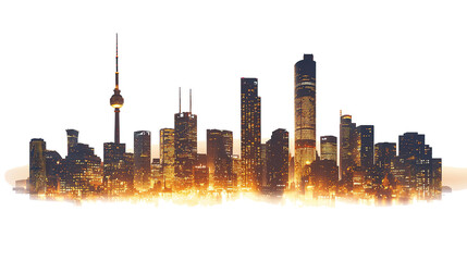 Silhouette of skyscrapers with warm yellow lighting at night, isolated on transparent background. PNG