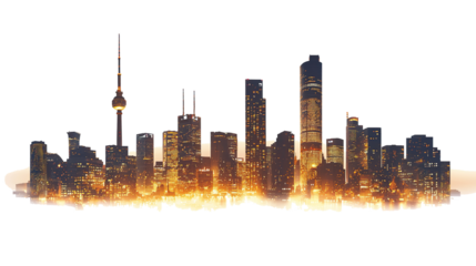 Silhouette of skyscrapers with warm yellow lighting at night, isolated on transparent background. PNG